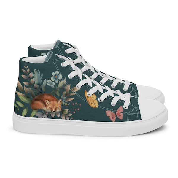 Sleeping FOX TEXTILE SNEAKERS, Red Fox Artistic Aesthetic Boho flowers Canvas Shoes, Converse-like Printed Fashion Footwear, Woodland Animal