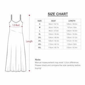 May include: Size chart for a sleeveless maxi dress with measurements in inches and centimeters. The chart shows sizes S through 5XL with corresponding bust and length measurements.