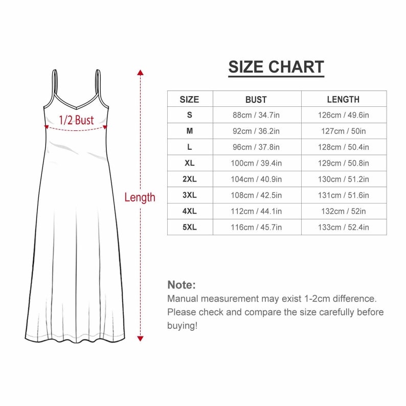 May include: Size chart for a sleeveless maxi dress with measurements in inches and centimeters. The chart shows sizes S through 5XL with corresponding bust and length measurements.