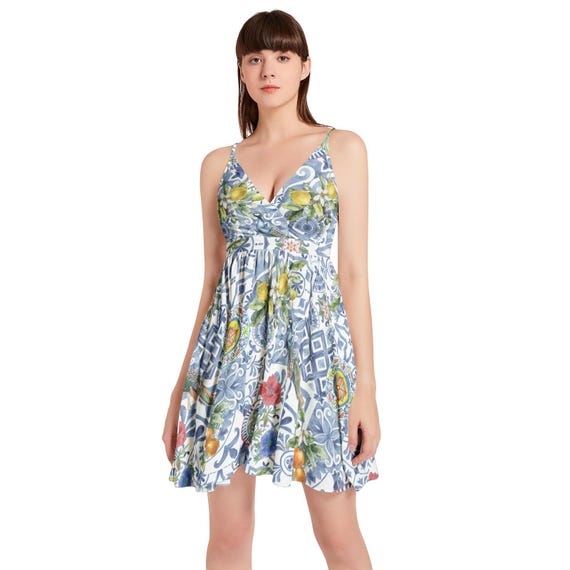 La DOLCE VITA Women's cami short Dress, Mediterranean Tiles Citrus & Flowers Slip Dress, Sicilian Blue Mosaic Summer Dress, Majolica Dress La DOLCE VITA Women's cami short Dress, Mediterranean Tiles Citrus & Flowers Slip Dress, Sicilian Blue Mosaic Summer Dress, Majolica Dress
