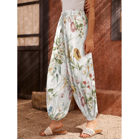 Pantalon De Jogging Femme Imprimé Floral Vintage | Coupe Large, Tissu Léger Respirant | Pour Quotidien Décontracté Ou Bureau