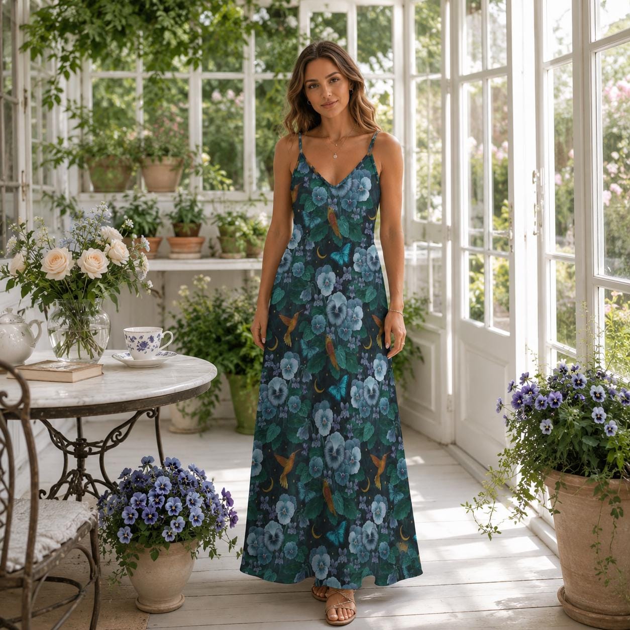 Mystical Moonlit Garden Summer Dress With VIOLET Flowers MOTHS
