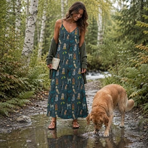 CUTE DOGS Sling Dress, Rain Puppies Ankle Length Sling Dress, Garden Party Style Maxi Dress, Cottagecore Sundress, Dog Mama Gift, Fall Dress immagine 3