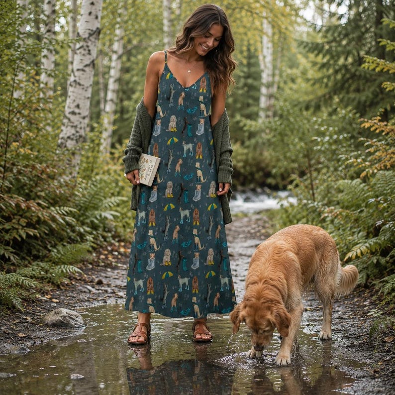 CUTE DOGS Sling Dress, Rain Puppies Ankle Length Sling Dress, Garden Party Style Maxi Dress, Cottagecore Sundress, Dog Mama Gift, Fall Dress immagine 3