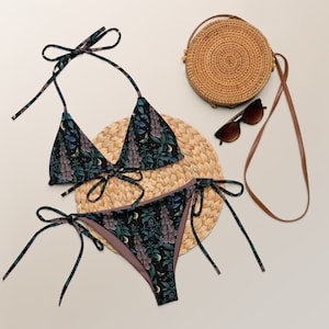 WITCHY GARDEN Recycled string bikini, Mystical Swimsuit with Moon Moth & Flowers, Floral Swimming Suit, Poisonous Plants Bikini Set