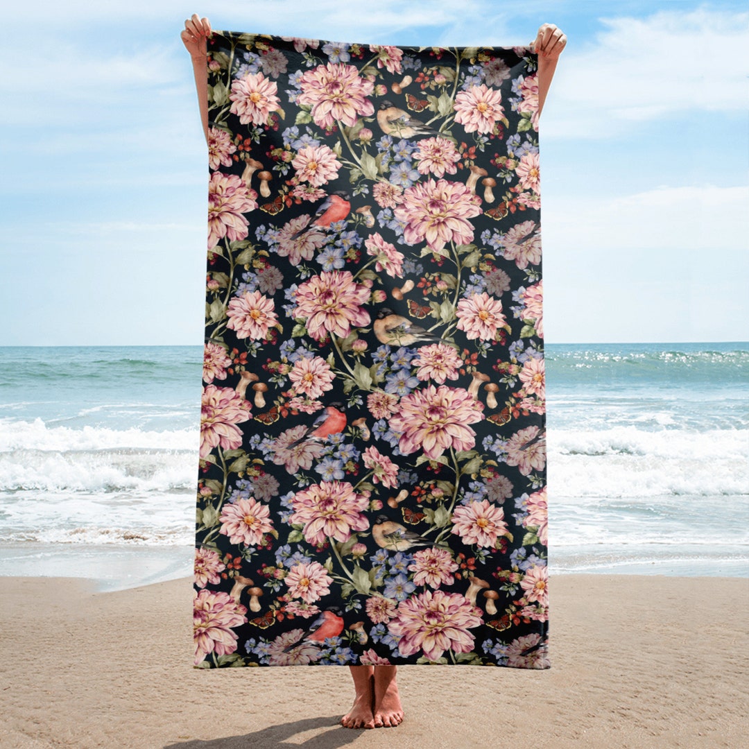コテージコア フローラルバード バスタオル、菊の花 ビーチタオル