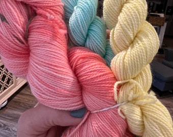 Care Bears |  80s yarn | Peach Aqua Yellow | 100gms 400yds | Fingering Weight | 2 mini skeins