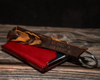 Custom Coordinates Leather Keychain, Personalized Location Key Fob, Anniversary Gift