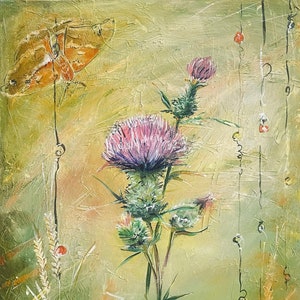 Thistles, purple flowers, art with moths, wildflowers