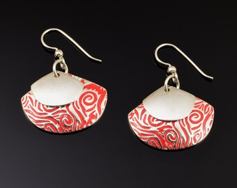 Fine Silver Earrings with Bright Red Ink Tint