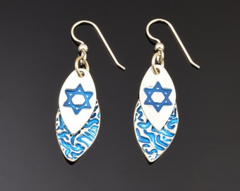 Fine Silver Earrings with Aqua Blue Ink Tint - Judaica