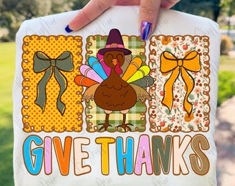 Thanksgiving Give Thanks Coquette Bow PNG, Bright Turkey PNG, Fall PNG, Preppy Design Png, Trendy Png, Girly Png,Thanksgiving Png