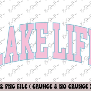 Pode incluir: Um design gr&aacute;fico rosa e azul com o texto "LAKE LIFE" em uma fonte em negrito e estilo universit&aacute;rio.