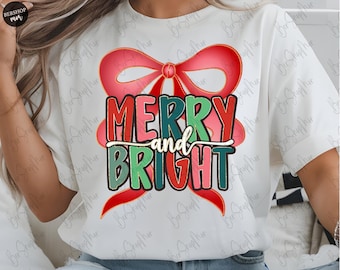 Merry And Bright PNG, Christmas Coquette PNG, Sublimation Design, Glitter Design, Christmas Cut Files, Digital Download