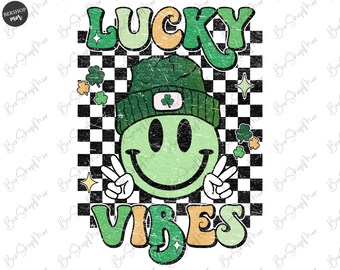 Lucky Vibes Png, St Patrick&#39;s Day, Sublimation Design, Retro Shamrock Png, Lucky Shirt Png, Groovy Patty&#39;s Day Prints