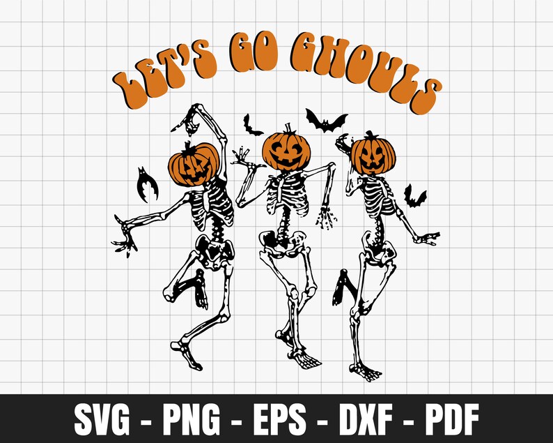K&ouml;nnte beinhalten: Drei Skelette, die als K&uuml;rbisse verkleidet sind, mit dem Text "Let's Go Ghouls" in einer Retro-Schrift.