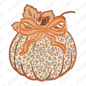 May include: A digitally drawn pumpkin with a cream-colored background and a leopard print pattern. The pumpkin has an orange stem, leaves, and a bow. The design is perfect for fall-themed crafts and decorations.