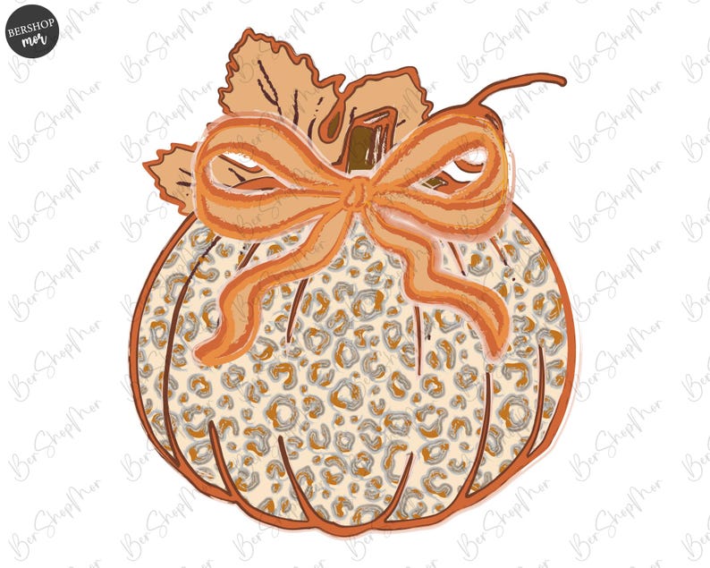 May include: A digitally drawn pumpkin with a cream-colored background and a leopard print pattern. The pumpkin has an orange stem, leaves, and a bow. The design is perfect for fall-themed crafts and decorations.