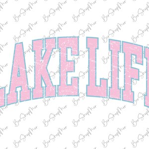 Pode incluir: Um design gr&aacute;fico rosa e azul com o texto "LAKE LIFE" em uma fonte de estilo vintage.