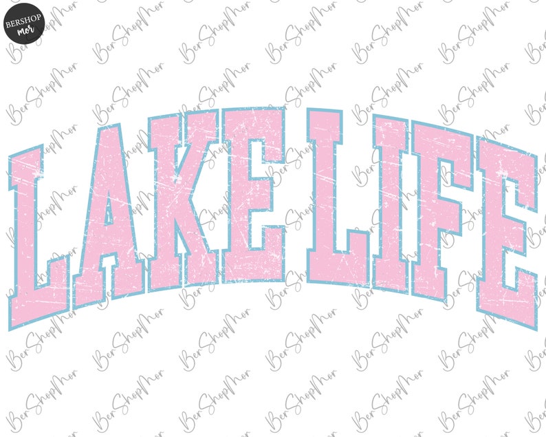 Pode incluir: Um design gr&aacute;fico rosa e azul com o texto "LAKE LIFE" em uma fonte de estilo vintage.