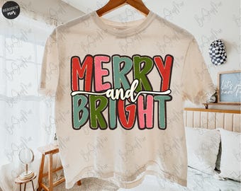 Merry And Bright PNG, Christmas PNG, Sublimation Design, Glitter Design, Christmas Cut Files, Digital Download