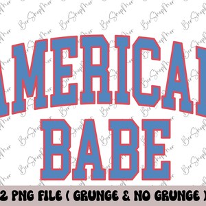 May include: Graphic design featuring the text "AMERICAN BABE" in a blue and red collegiate font style. The text is outlined in red and filled in blue.
