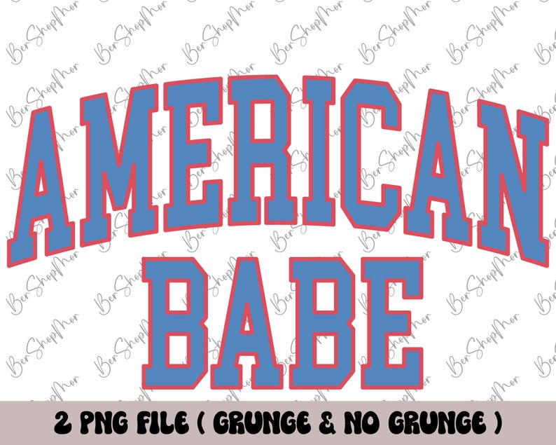 May include: Graphic design featuring the text "AMERICAN BABE" in a blue and red collegiate font style. The text is outlined in red and filled in blue.