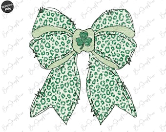 May include: A green and white leopard print bow with a shamrock in the center. The bow is drawn in a distressed style.