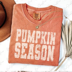 May include: A coral-colored t-shirt with the words "PUMPKIN SEASON" printed in white. The shirt is folded and has a gold necklace draped across it. A brown hat and dried plant are also in the image.