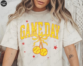 Softball Coquette Cherries PNG, Game Day PNG, Preppy PNG, Trendy Softball Shirt Design Distressed, Girly Softball Png Design