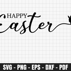 May include: Black and white graphic design of the text "Happy Easter" with a stylized bunny rabbit silhouette.