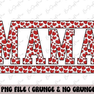 Może przedstawiać: Cyfrowy projekt graficzny przedstawiający słowo "MAMA" białymi literami z czarnym obramowaniem. Litery są wypełnione wzorem czerwonych serc na białym tle. Projekt jest oprawiony w dwie poziome linie czerwonych serc na białym tle.