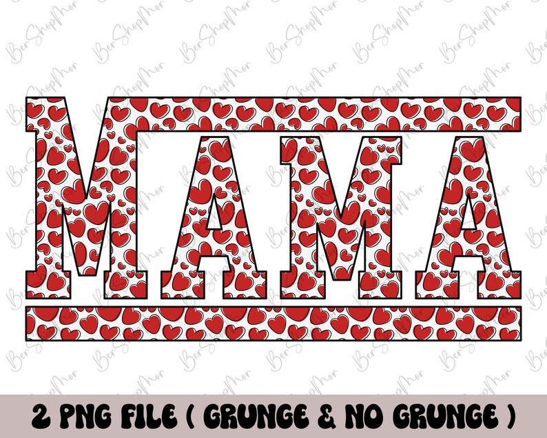 Może przedstawiać: Cyfrowy projekt graficzny przedstawiający słowo "MAMA" białymi literami z czarnym obramowaniem. Litery są wypełnione wzorem czerwonych serc na białym tle. Projekt jest oprawiony w dwie poziome linie czerwonych serc na białym tle.