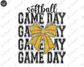 May include: A graphic design with the text "softball GAME DAY" repeated four times in a distressed black font. A yellow and brown bow with a baseball stitch design is in the centre of the graphic.