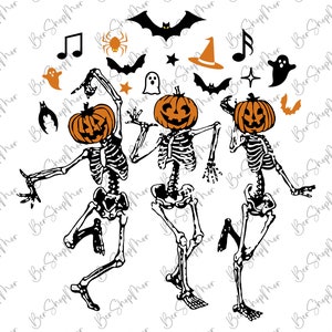 May include: Three skeleton figures with pumpkin heads are dancing. The skeletons are black and white, and the pumpkins are orange with black jack-o'-lantern faces. There are musical notes, stars, bats, and ghosts in the background.