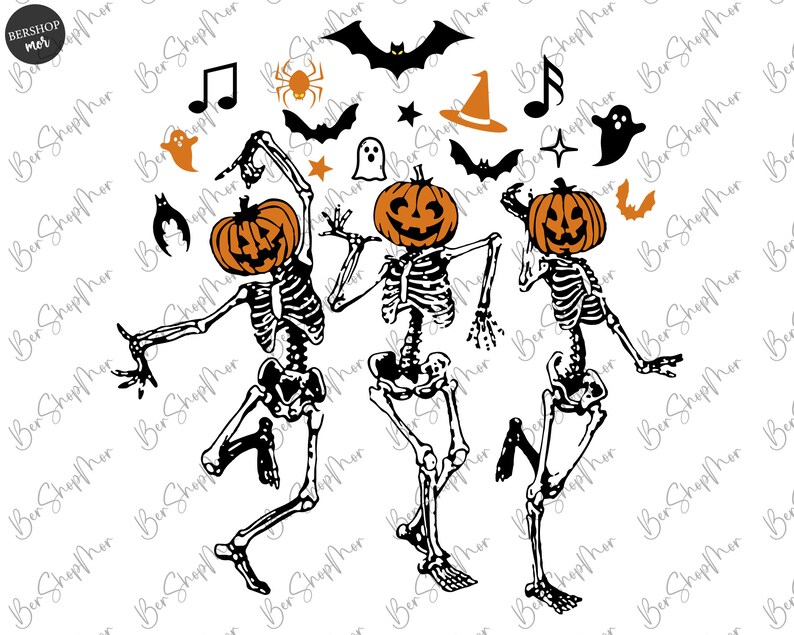 May include: Three skeleton figures with pumpkin heads are dancing. The skeletons are black and white, and the pumpkins are orange with black jack-o'-lantern faces. There are musical notes, stars, bats, and ghosts in the background.
