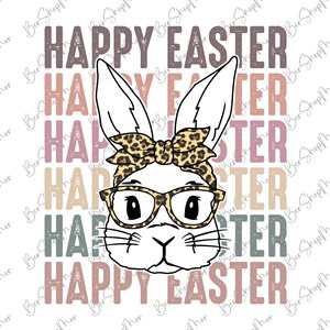 May include: Happy Easter graphic with a bunny wearing glasses and a leopard print headband. The text is in a vintage style with a faded, layered look.