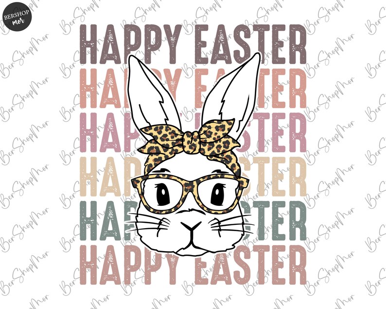 May include: Happy Easter graphic with a bunny wearing glasses and a leopard print headband. The text is in a vintage style with a faded, layered look.