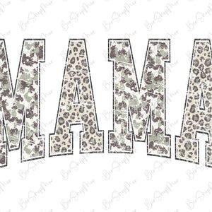 May include: The word "MAMA" in a distressed, collegiate-style font. The letters "M" are filled with a camouflage pattern in shades of green, brown, and gray. The letters "A" are filled with a leopard print.