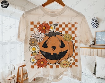 Retro Floral Pumpkin PNG, Preppy Halloween PNG, Fall Shirt, Sublimation Design, Pumpkin Design, Spooky Season PNG, Checkered Halloween Png