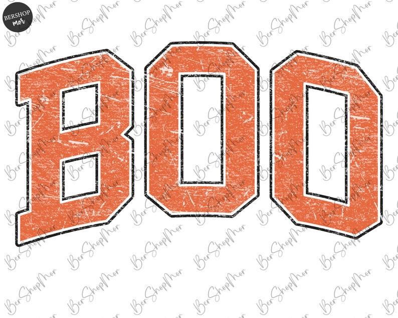 May include: Orange and black distressed graphic of the word "BOO" in a vintage varsity style font.