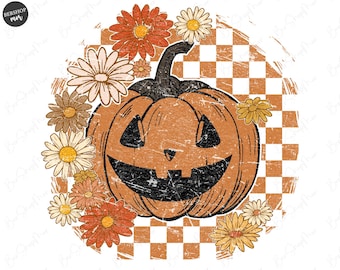 Halloween-pompoen png, retro bloemenpompoen, grappige Halloween-sublimatie, preppy halloween png, spookachtig seizoen png, ontwerp met geruite pompoen