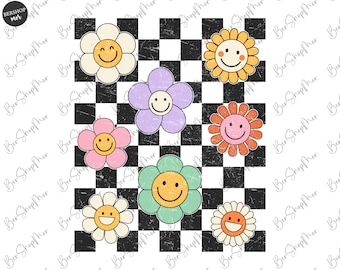 Retro Happy Flower Png, Sublimation Design, Happy Face Daisy, Vintage Flowers shirt Png, Groovy Floral