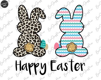 May include: Two Easter bunny illustrations. One bunny is wearing a leopard print pattern and the other is wearing a blue, pink, and green chevron pattern. The text "Happy Easter" is below the bunnies.
