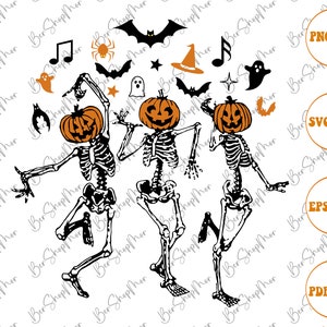 May include: Three skeleton figures with pumpkin heads are dancing. The skeletons are black and the pumpkins are orange with black facial features. The background is white with musical notes, stars, bats, and ghosts.
