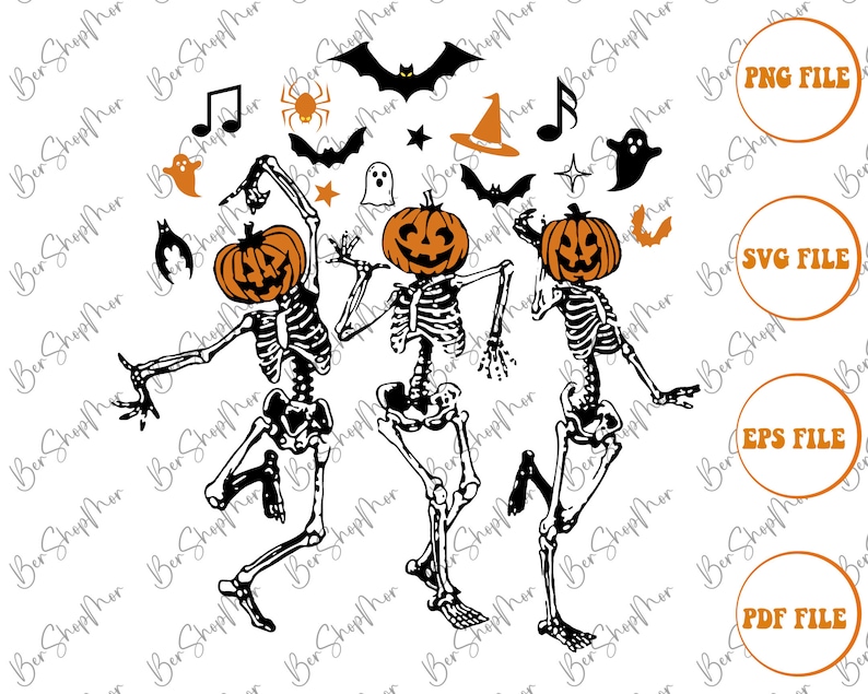 May include: Three skeleton figures with pumpkin heads are dancing. The skeletons are black and the pumpkins are orange with black facial features. The background is white with musical notes, stars, bats, and ghosts.