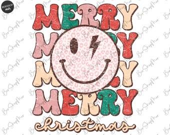 May include: A retro-style Christmas greeting with the words "Merry" repeated three times in a colorful, distressed font. A pink smiley face with a lightning bolt and leopard print pattern is centered between the words. The text "Christmas" is written in a smaller, cursive font below the words "Merry".