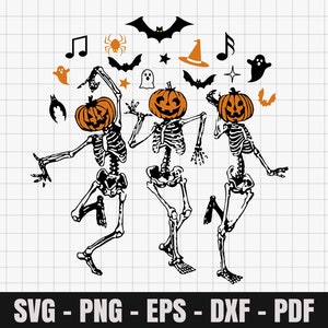 May include: Three skeleton figures with pumpkin heads are dancing. The skeletons are black and the pumpkins are orange. There are various Halloween-themed icons around the skeletons, including bats, ghosts, stars, music notes, and a witch's hat.