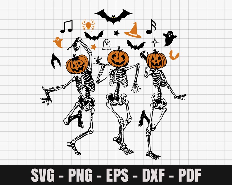 May include: Three skeleton figures with pumpkin heads are dancing. The skeletons are black and the pumpkins are orange. There are various Halloween-themed icons around the skeletons, including bats, ghosts, stars, music notes, and a witch's hat.