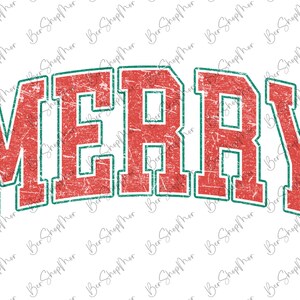 May include: The word MERRY is written in large, block-style varsity letters with a distressed red texture and a thin green outline. The text is arranged in a slight upward arch against a white background with a repeating watermark pattern.